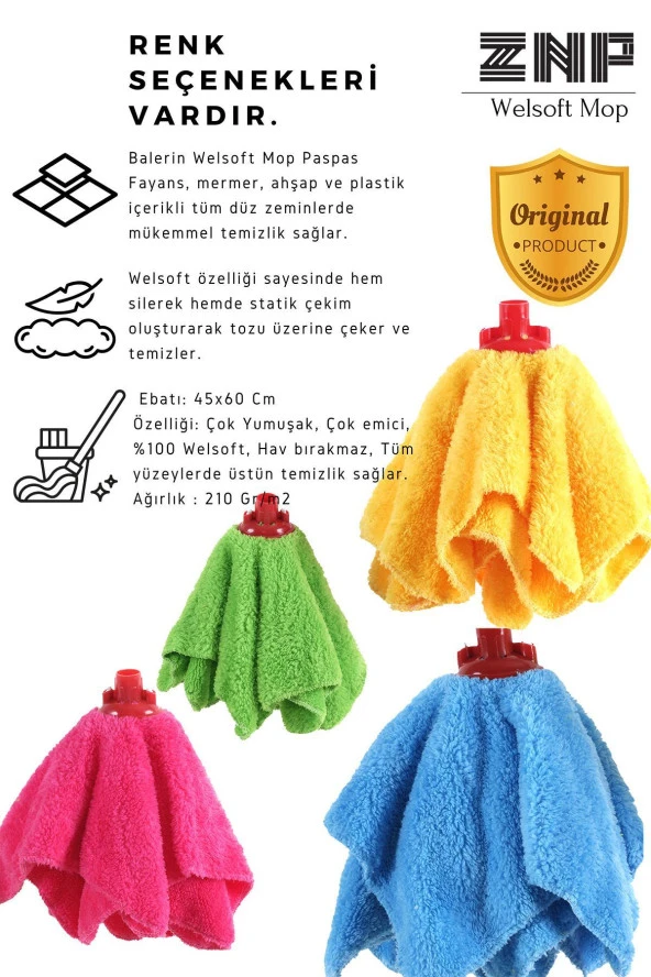 Welsoft Balerin Mop Yedek Başlıklı 2 Adet Yeşil Mop, Papas 45x60 - Resim 3