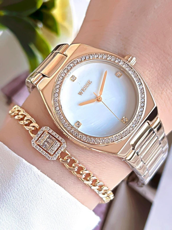 Wesse Elite Çelik Kordon Kararmaz Renk Atmaz Bayan Kol Saati 30Mt Suya Dayanıklı+Bileklik BWWL112004 ürün görseli