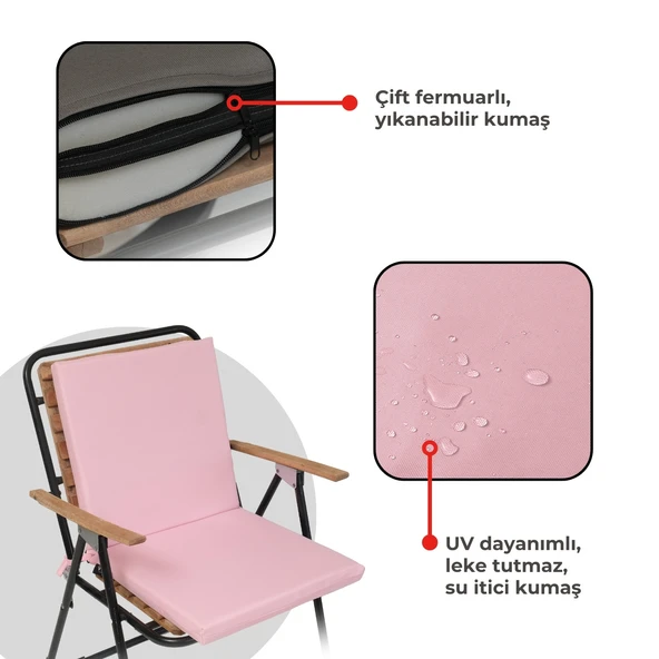 XPERMATE  Sandalye Minderi Su İtici Kumaş 40x40 cm Sünger Sırtlıklı Sandalye Minderi Bağcıklı Pembe - 4
