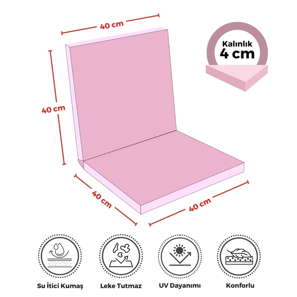 XPERMATE  Sandalye Minderi Su İtici Kumaş 40x40 cm Sünger Sırtlıklı Sandalye Minderi Bağcıklı Pembe - 2