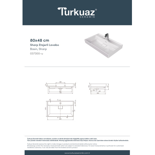 Cerastyle Turkuaz Sharp Etajerli Lavabo 80x48 Cm - 6