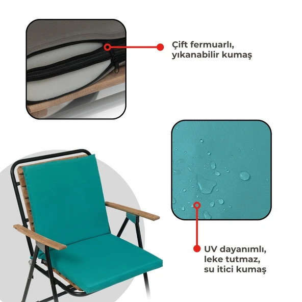 XPERMATE  Sandalye Minderi Su İtici Kumaş 40x40 cm Sünger Sırtlıklı Sandalye Minderi Bağcıklı Turkua - 4