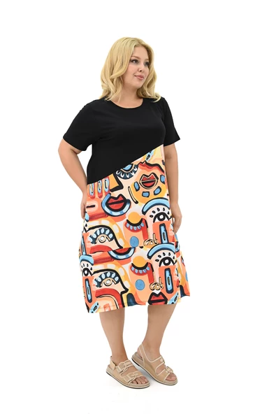 Kadın Büyük Beden Dijital Baskı Detaylı Elbise 5257-25 - 3