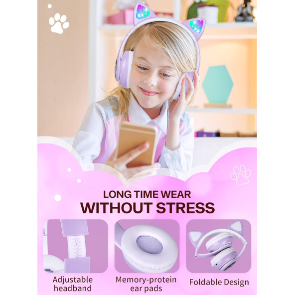 STN-28 Kedi Kulak Kulaklık Yeni Sevimli Moda Bluetooth 5.0 Kulaklık Yüksek Ses Akıllı Led Işıklı - 2