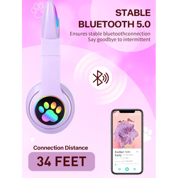 STN-28 Kedi Kulak Kulaklık Yeni Sevimli Moda Bluetooth 5.0 Kulaklık Yüksek Ses Akıllı Led Işıklı - 5