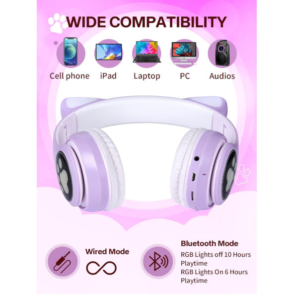 STN-28 Kedi Kulak Kulaklık Yeni Sevimli Moda Bluetooth 5.0 Kulaklık Yüksek Ses Akıllı Led Işıklı - 6