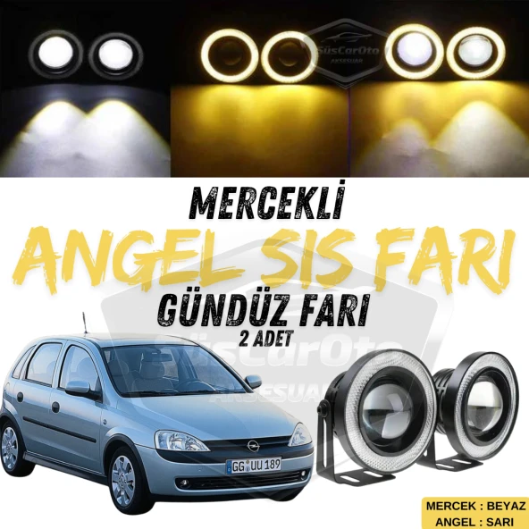 Opel Corsa C 2000-2006 Uyumlu Üniversal Mercekli Angel Sis Farı Metal Su Geçirmez 76 mm Sarı Halkalı Gündüz Farı Angel Eyes 2 Adet