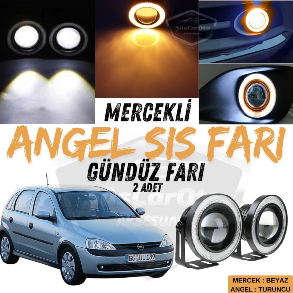 Opel Corsa C 2000-2006 Uyumlu Üniversal Mercekli Angel Sis Farı Metal Su Geçirmez 76 mm Turuncu Halkalı Gündüz Farı Angel Eyes 2 Adet