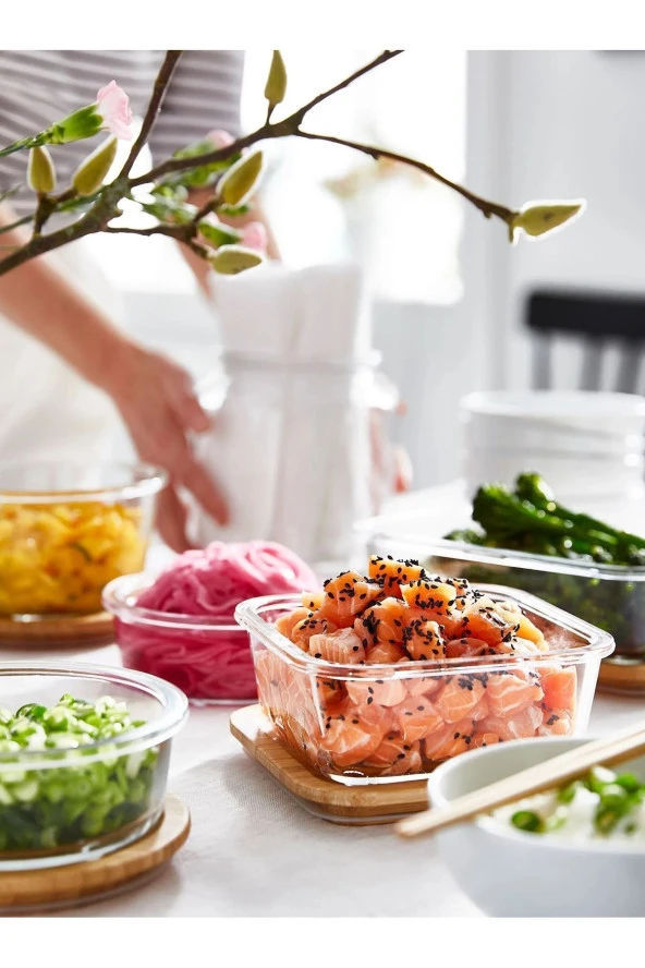 2 Adet Bambu Kapaklı Cam Saklama Kabı Kare Kase 15 cm 600 ml - 3