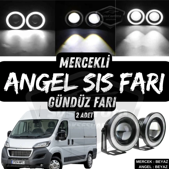 Peugeot Boxer Uyumlu Üniversal Mercekli Angel Sis Farı Metal Su Geçirmez 76 mm Beyaz Halkalı Gündüz Farı Angel Eyes 2 Adet