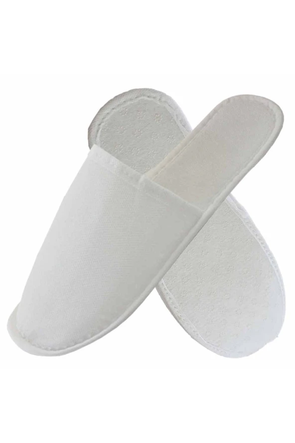 10 Çift Kaymaz Taban Lüks Elyaf Alt Sünger Takviyeli Beyaz Otel Terliği Tek Kullanımlık Kullan ürün görseli 1