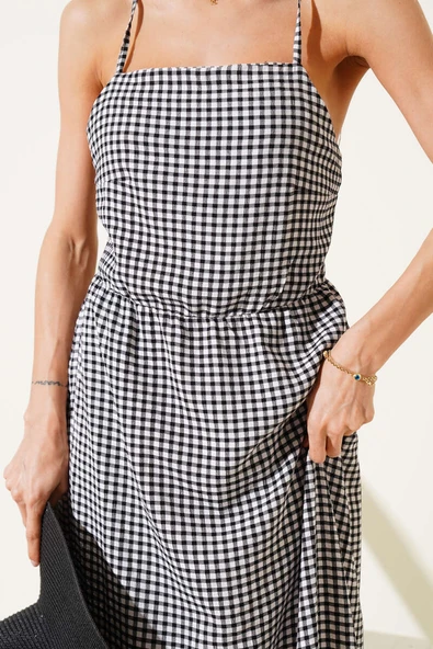 Pitikare Desen Askılı Elbise Siyah - Resim 4