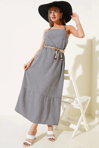 Pitikare Desen Askılı Elbise Siyah - Resim 2