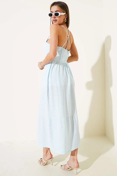 Pitikare Desen Askılı Elbise Mavi - Resim 3