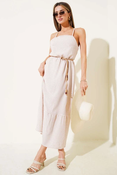 Pitikare Desen Askılı Elbise Latte ürün görseli 1