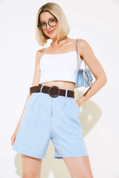 Kemerli Keten Şort Mavi ürün görseli 1