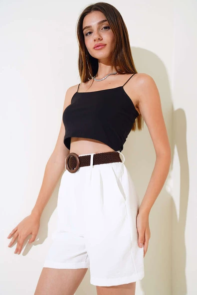 Kemerli Keten Şort Ekru ürün görseli 1