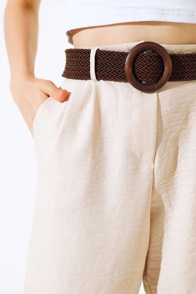 Kemerli Keten Şort Bej - Resim 4