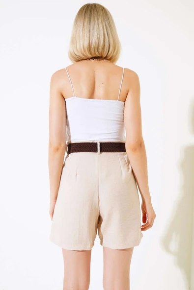 Kemerli Keten Şort Bej - Resim 3