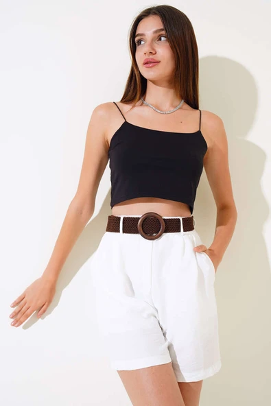 Kemerli Keten Şort Ekru - Resim 2