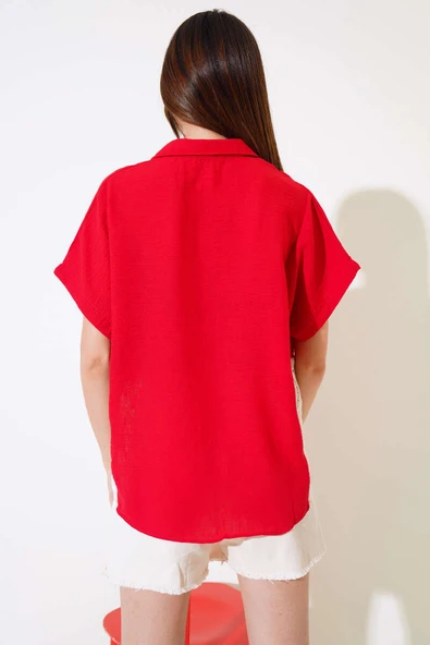 Dantelli Kısa Kol Keten Gömlek Kırmızı - 3