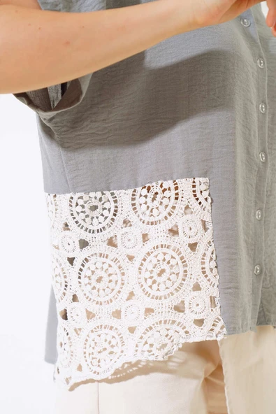 Dantelli Kısa Kol Keten Gömlek Gri - 4
