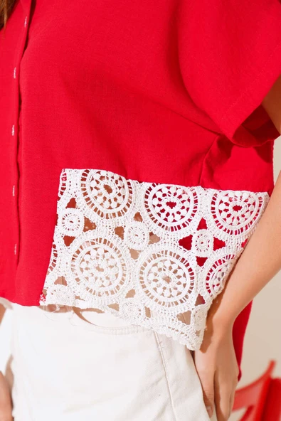 Dantelli Kısa Kol Keten Gömlek Kırmızı - 4