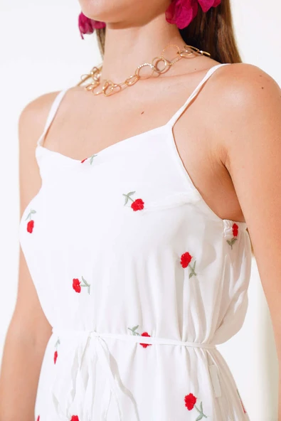 Çiçekli Askılı Şifon Elbise Ekru Kırmızı - Resim 4
