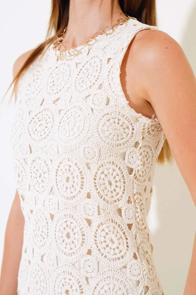 Dantelli Mini Elbise Bej - Resim 4