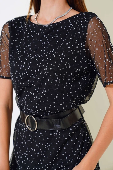 Puantiyeli Kemerli Mini Elbise Siyah - Resim 4