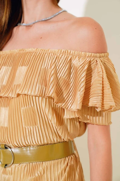 Kayık Yaka Piliseli Elbise Yağ Yeşili - Resim 4