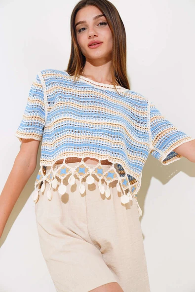 File Dantelli Bluz Mavi ürün görseli 1