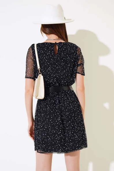 Puantiyeli Kemerli Mini Elbise Siyah - Resim 3