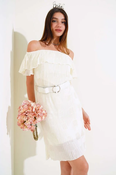 Kayık Yaka Piliseli Elbise Krem - Resim 2