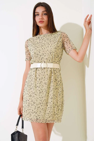 Puantiyeli Kemerli Mini Elbise Bej ürün görseli 1