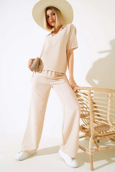 V Yaka Bluz İkili Takım Bej ürün görseli 1