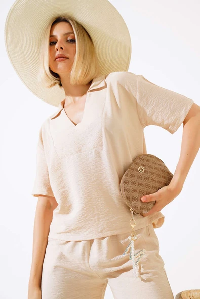 V Yaka Bluz İkili Takım Bej - Resim 2