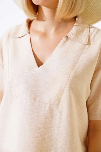 V Yaka Bluz İkili Takım Bej - Resim 4