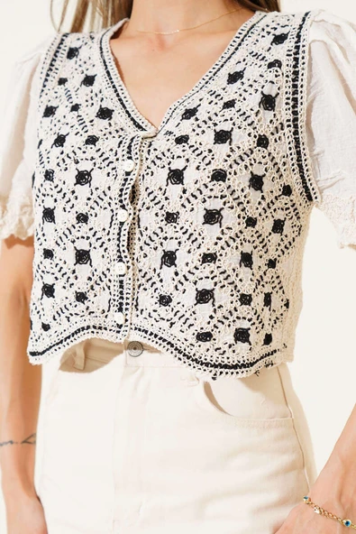 Kol Dantelli Hırka Siyah - 4