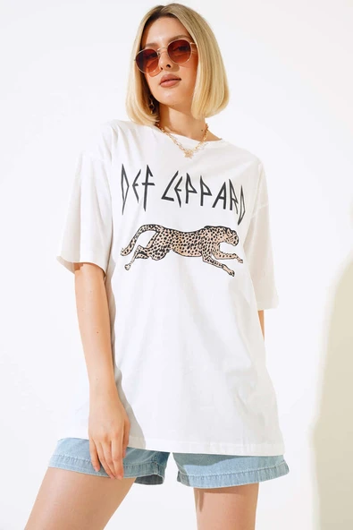 Leopar Baskılı T-shirt Ekru - Resim 2