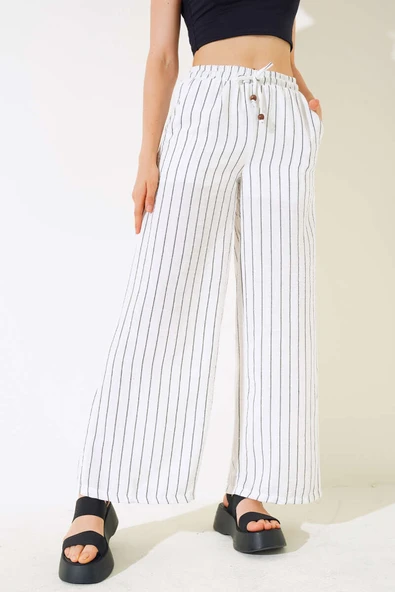 Çizgili Bel Lastikli Keten Pantolon Beyaz - Resim 2