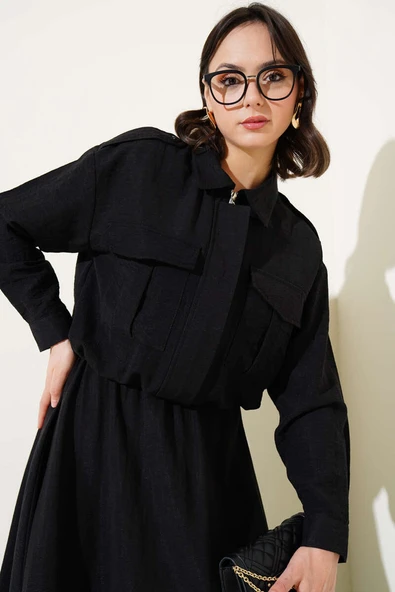 Çift Cepli Fermuarlı Etekli İkili Takım Siyah - Resim 2