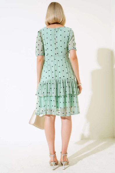 Kare Yaka Mini Çiçekli Tül Elbise Mint - Resim 3
