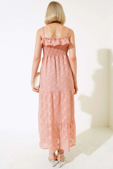 Askılı Gipeli Elbise Pudra - Resim 3