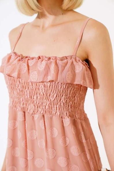 Askılı Gipeli Elbise Pudra - Resim 4