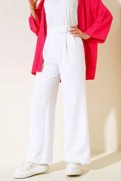 Beli Cırtlı Bol Paça Pantolon Beyaz - Resim 2