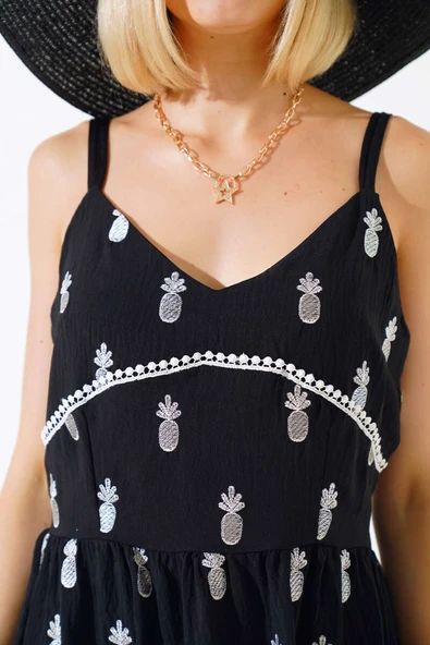 Ananas Nakışlı Askılı Elbise Siyah - Resim 4