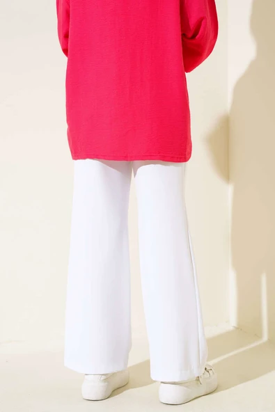 Beli Cırtlı Bol Paça Pantolon Beyaz - Resim 3