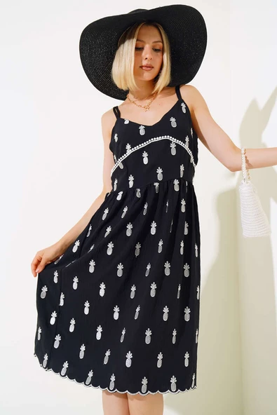 Ananas Nakışlı Askılı Elbise Siyah - Resim 2