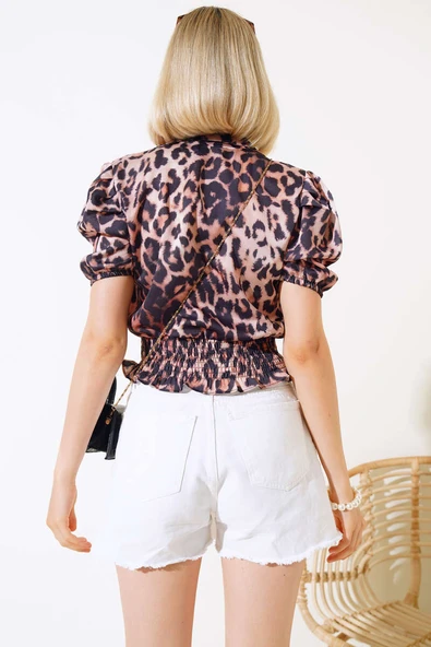 Gipeli Saten Leopar Desen Bluz Kahve - 3